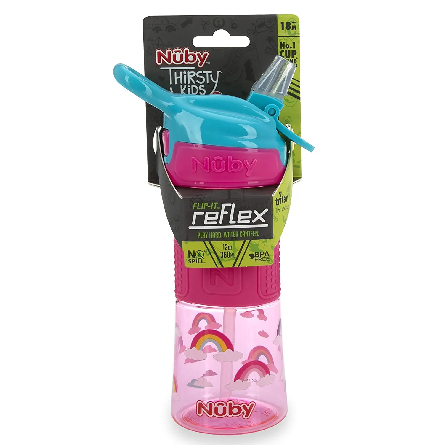 Nuby Thirsty Kids Push Button Flip-it Soft Spout on The Go Water Bottle with Easy Grip Band, Pink Rainbow, 12 Oz