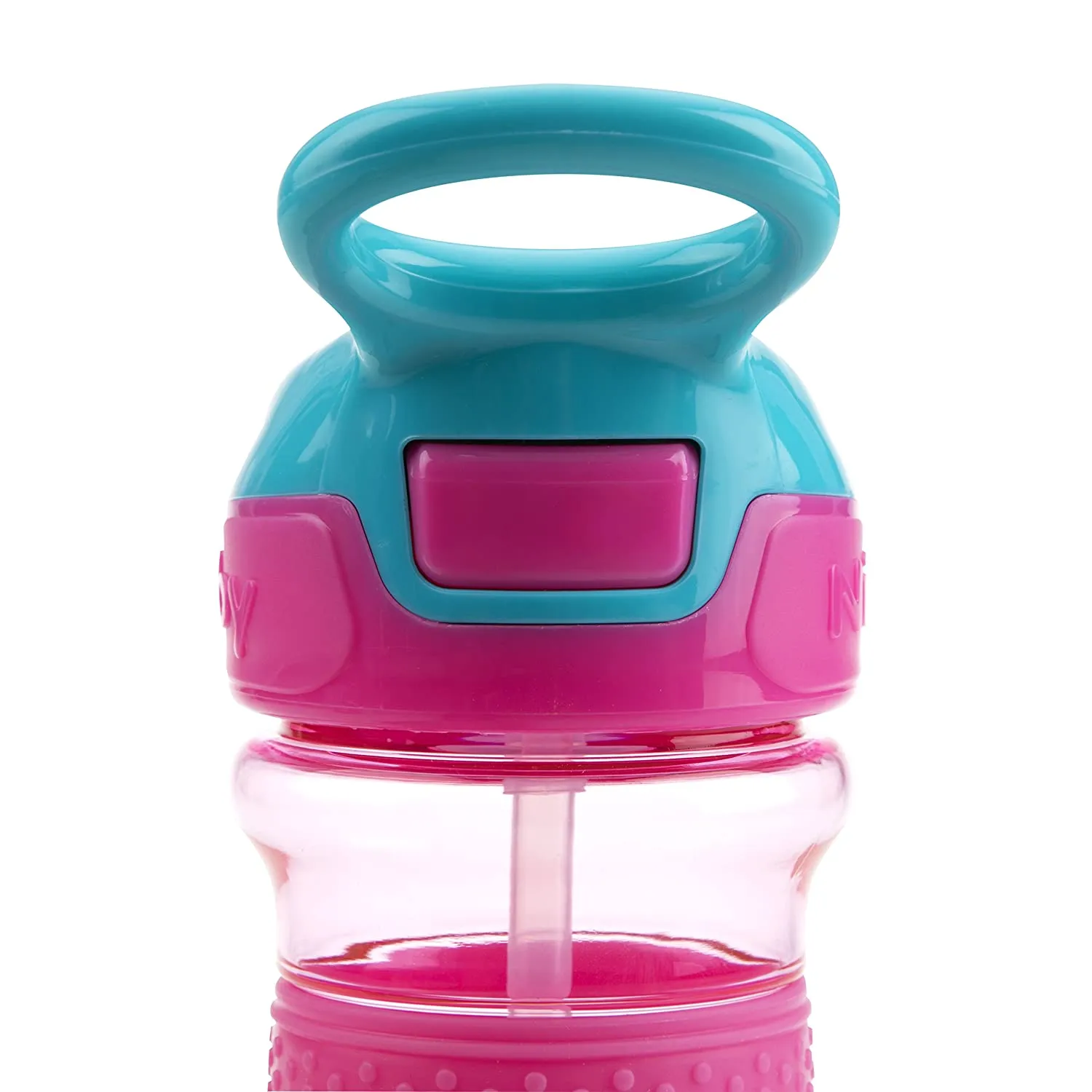 Nuby Thirsty Kids Push Button Flip-it Soft Spout on The Go Water Bottle with Easy Grip Band, Pink Rainbow, 12 Oz